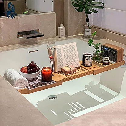 Bathtub Caddy Tray, Bamboo Bathtub Tray, Bathtub Caddy, Expandable Bathtub Caddy Tray, Durable and Non-Slip Bathtub Trays with Free Soap Holder