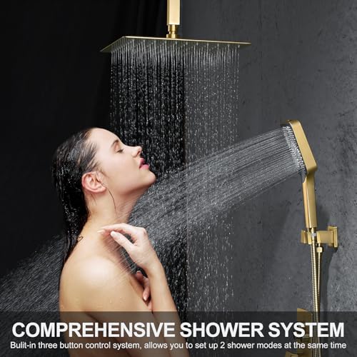 Bathtub Shower Faucet Set with Pressure Balance Valve, 12" Ceiling Mount Shower System with Tub Spout Multi-function Handheld Head Push Button Diverter Shower Trim Kit, Brushed Gold - color: Brushed Gold, style: 12"-Square-Tub-01