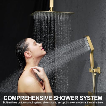 Bathtub Shower Faucet Set with Pressure Balance Valve, 12" Ceiling Mount Shower System with Tub Spout Multi-function Handheld Head Push Button Diverter Shower Trim Kit, Brushed Gold - color: Brushed Gold, style: 12"-Square-Tub-01
