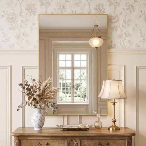 HARRITPURE 24"x36" Rectangle Bathroom Mirror, Gold Vanity Wall Mirror | Aluminum Alloy Frame Wall Mirror, Horizontal or Vertical Wall Mount for Entryway Bedroom Living Room - size: 36"L x 24"W