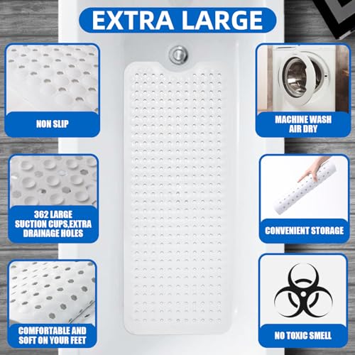 MOONFLY Shower and Bathtub Mat,40x16 Inches,Extra Long Non Slip Mats with Suction Cups and Drain Holes, Machine Washable and Anti Slip Bathmats, Bathroom Mats for Tub Nonslip (White) - color: White