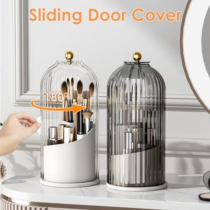 YOOLENS Makeup Brush Holder with Lid 360 Rotating Clear Dustproof Make Up Organizers for Vanity Bathroom Countertop, Transparent | with Lid - color: Transparent