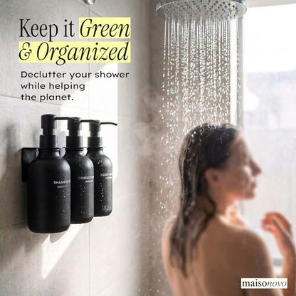 MaisoNovo Shampoo and Conditioner Dispenser|Refillable Black Set of 3 | 500 ml Shower Gel Dispenser Set of 3. Refillable Shampoo and Conditioner Bottles. Drill Free Secure Design. Black - color: Black Set of 3