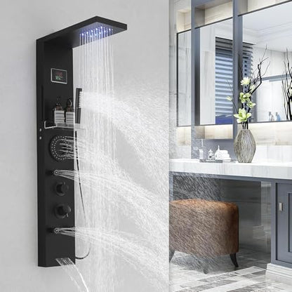 RUMOSE Dark Black Shower Panel Tower System, 5-Mode Shower Faucet Set | LED Light Rainfall Shower Head Digital Display with Massage Jets Tub Spout Shower Shelves, Stainless Steel, Wall Mount - color: Dark Black
