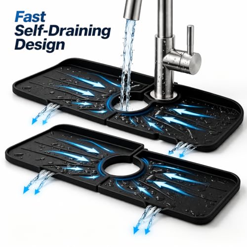 Silicone Sink Splash Guard for Faucet, 2 Pack, 37 x 14 cm, Compact Size for Small Sinks” Water Catcher Mat, Anti-Slip, Quick Dry Kitchen Sink Protector (Black)