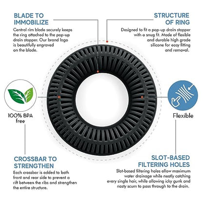 TubRing Pop-Up Drain Protector & Strainer Silicone Hair Catcher, Black | Easy snap-in design fits around bathtub stoppers. Customizable utility guard for clog prevention. Fits 1.85"- 2.16" drains. - color: Black