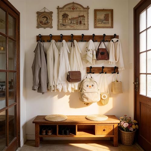 WEBI Coat Rack Wall Mount,17" Solid Wood Coat Hooks Wall Mounted Coat Hanger,16" Hole to Hole,Heavy Duty Hook Rack,3 Triple Hooks for Hanging Coats,Jacket,Hat,Backpack,Farmhouse,Brown,2 Packs - color: Brown, size: 17 Inch(2 Pcs)