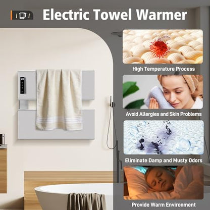 Wall Mounted Towel Warmer Rack with Adjustable Temperature (104-140°F) and Timer Control | Fast Heating Electric Towel Heater for Bathroom 18.11" x 13.11" Bluetooth & Wi-Fi App Control