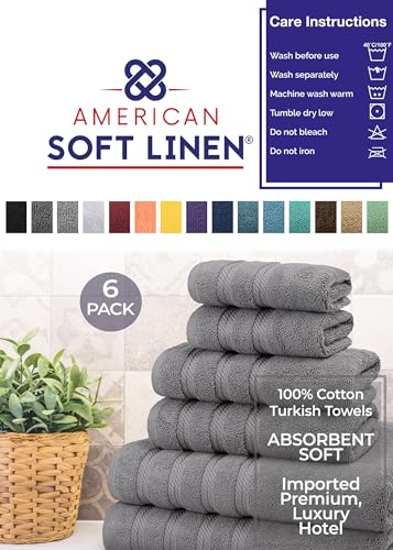 American Soft Linen 100% Carde Cotton 6 Piece Towel Set, 590 GSM Heavy Weight Soft Absorbent Turkish Towels for Bathroom, Cool Grey - color: Light Grey
