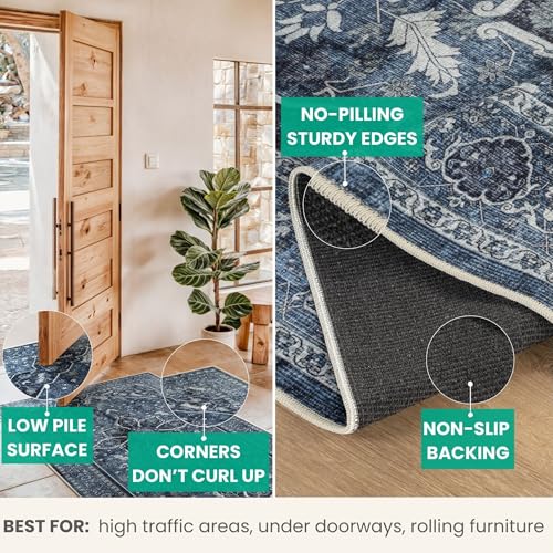 Bloom Rugs Caria Washable Non-Slip 7 ft Runner - Blue/Charcoal Traditional Runner for Entryway, Hallway, Bathroom, and Kitchen - Exact Size: 2'6" x 7' - color: Blue / Charcoal, size: 2'6" x 7' (Runner)