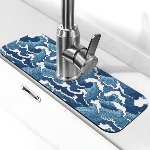 Japanese Wave Kanagawa Blue And White Waves Japan Kitchen Sink Splash Guard Faucet Mat Super Absorbent Fast Drying Mat Sink Gadgets-Fast Drying Pad Sink Mat For Kitchen Bathroom (15" X 5.5" ) - color: Japanese Wave