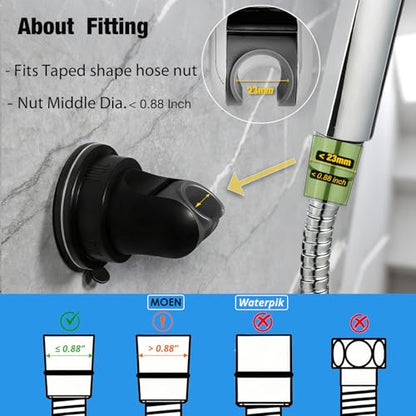 Hand held Showerhead Holder Wall Mounted with Suction Cup - Reusable- Wide Anlge Adustable Shower Hose Holder (Matte Black) - color: Matte Black