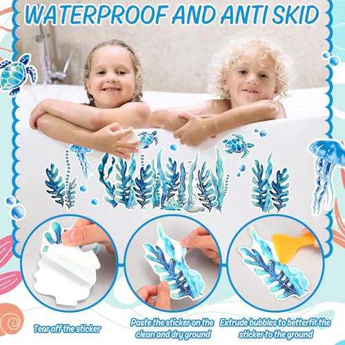 AnyDesign Non-Slip Bathtub Stickers Under The Sea Adhesive 20Pcs Blue Ocean Animal Seaweed Turtle Anti Slip Shower Tread Adhesive Applique Decal with Scraper for Summer Bathroom Floor
