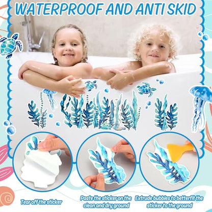 AnyDesign Non-Slip Bathtub Stickers Under The Sea Adhesive 20Pcs Blue Ocean Animal Seaweed Turtle Anti Slip Shower Tread Adhesive Applique Decal with Scraper for Summer Bathroom Floor