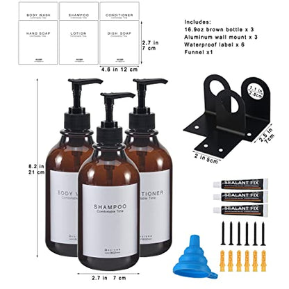 Shampoo and Conditioner Dispenser for Shower Wall 3 Chamber,Refillable Shampoo and Conditioner Bottles with Waterproof Labels,Soap Dispenser with Pumps (3 Bottles 3 Wall Mounts-Brown) - color: 3 Bottles 3 Wall Mounts-brown