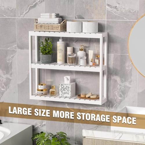 Domax Bathroom Shelves Over Toilet Storage - 3 Tier Wall Mounted Bamboo Bathroom Shelf Organizer Multifunctional Adjustable Layer Free Standing Utility Shelves for Bathroom Living Room Kitchen, White - color: White