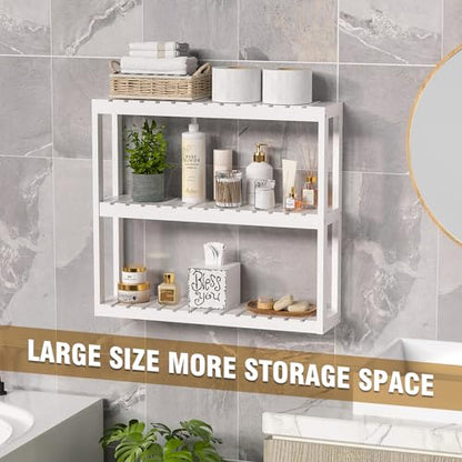 Domax Bathroom Shelves Over Toilet Storage - 3 Tier Wall Mounted Bamboo Bathroom Shelf Organizer Multifunctional Adjustable Layer Free Standing Utility Shelves for Bathroom Living Room Kitchen, White - color: White