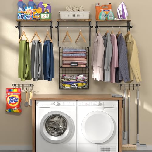 Laundry Room Shelves Wall Mounted with Wire Baskets, Over the Washer and Dryer Shelf with Clothes Drying Rack, Wire Shelves Baskets for Laundry Closet Organization and Storage, Wood+Metal, Black - color: Black