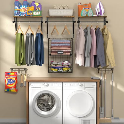 Laundry Room Shelves Wall Mounted with Wire Baskets, Over the Washer and Dryer Shelf with Clothes Drying Rack, Wire Shelves Baskets for Laundry Closet Organization and Storage, Wood+Metal, Black - color: Black