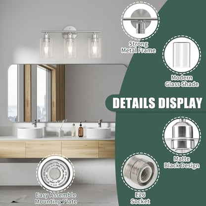 Bathroom Vanity Light Fixtures Brushed Nickel, 3 Lights Bathroom Over Mirror, UL Certified, Modern Wall Lighting Fixtures with Glass Shade, E26 Socket - color: Brushed Nickel, size: 3 Lights