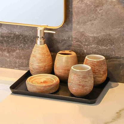Bathroom Ceramic Accessories Set, 6 Piece Bathroom Set with Including Soap Dispenser Mouthwash Cup Soap Dish Toothbrush Holder Tray (Brown) - color: Brown