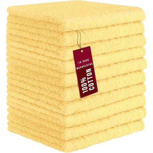 DecorRack 100% Cotton Washcloths 12x12 in, Butter Yellow (10 Pack) - color: Butter Yellow