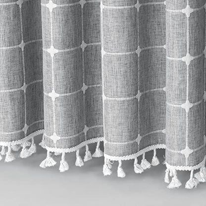 Boho Farmhouse Classic Plaid Linen Tassel Shower Curtain Taupe,36x72 | Small Stall Half Size,310GSM Linen Blend Heavy Duty Cloth,3-side Tassels,Wrinkle Resistant,Rustic Bohemian Country design - color: Grey, size: 36"W x 72"L (Pack of 1)