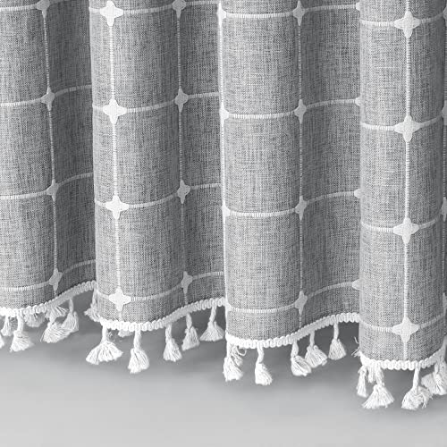 Boho Farmhouse Classic Plaid Linen Tassel Shower Curtain Grey,72x72 | 310GSM Linen Blend Heavy Duty Cloth,3-side Tassels,Wrinkle Resistant,Rustic Bohemian Farmhouse charm,Water Repellent,12 Hooks - color: Grey, size: 72"W x 72"L (Pack of 1)