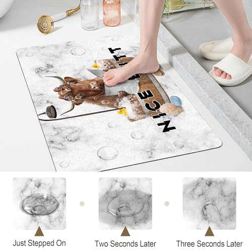 SolAzul Highland Cow Leather Diatomaceous Earth Bath Mat,Super Absorbent Diatomite Stone Bath Mat Non Slip Quick Dry Thin Bathroom Floor Mat Rug (16×24 Inch) (COW-01) - color: Cow-01