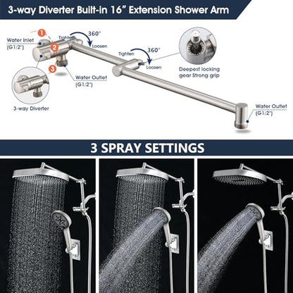 PDPBath 14 Inch Rain Shower Head with 5+1 Settings Handheld Spray Combo, High Pressure Rainfall Shower Head with 16'' Adjustable Extension Arm, 79" Extra Long Hose, 3-Way Diverter, Brushed Nickel - color: Brushed Nickel