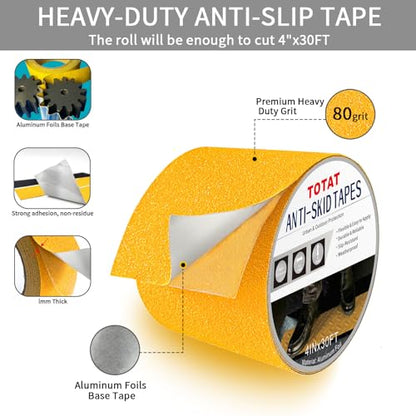 Heavy Duty Aluminum Foil Anti-Slip Tape 4" x30FT Yellow - Industrial Safety Grip for Warehouse Stairs, Pool Decks & High-Traffic Walkways - Waterproof Traction Tape - color: Yellow, size: 4 IN