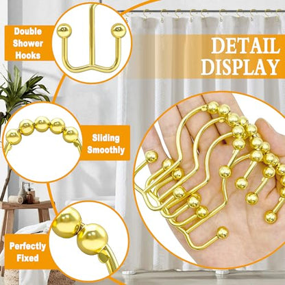 Shower Curtain Hooks, 12 Pcs Rustproof Metal Shower Curtain Rings,Free Sliding Double Shower Hooks for Shower Curtain & Liners, Shower Curtain Hangers for Bathroom Shower Curtain Rods Curtains (Gold) - color: Gold