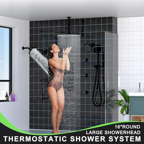 HOMEDEC 16" Round Rain Shower System with Dual 6" Wall Mounted Shower Head, 5 Way Shower Valve with 2-Function Handheld Shower and Body Jets, Black - color: Black, style: 5-Way + 2x 6" Top