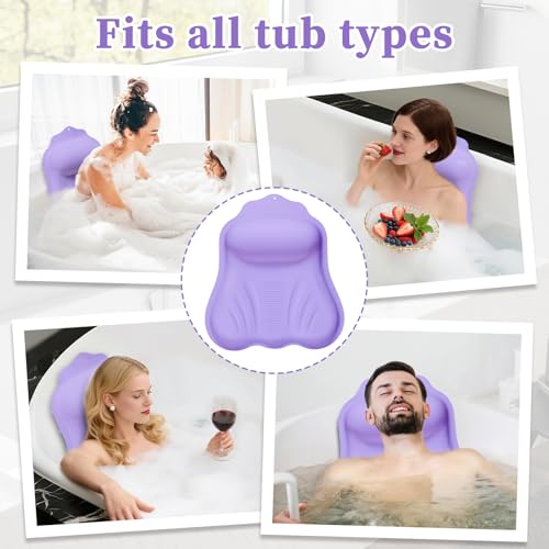 Luxury Silicone Bath Pillow for Tub, New Cloud-Soft 4D Air-Cushion Bathtub Pillow for Head and Neck & Back Support, Strong Suction Cups, Waterproof Quick-Dry Bathtub Headrest (Purple) - color: Purple