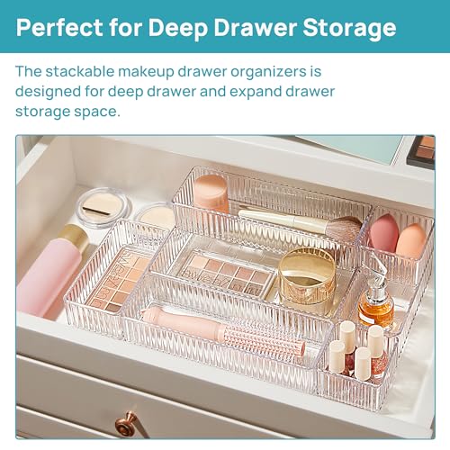 Vtopmart 7 PCS Clear Makeup Drawer Organizers Bins, 4-Size Stackable Makeup and Vanity Organizer Trays, Acrylic Bathroom Storage Containers for Cosmetic, Toiletries, Office Supply, Utensils, Gadgets | Vanity Organizer Trays for Makeup, Cosmetics, Jewelry,