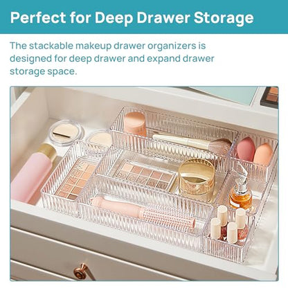Vtopmart 7 PCS Clear Makeup Drawer Organizers Bins, 4-Size Stackable Makeup and Vanity Organizer Trays, Acrylic Bathroom Storage Containers for Cosmetic, Toiletries, Office Supply, Utensils, Gadgets | Vanity Organizer Trays for Makeup, Cosmetics, Jewelry,