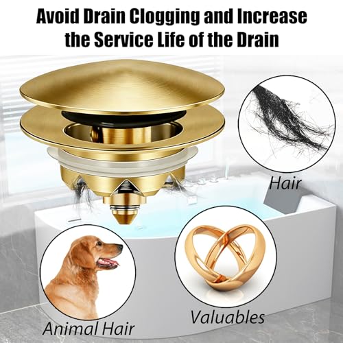 Anlige Bathtub Drain Stopper, Pop Up Tub Stopper and Cover, Bottom with Hair Catcher, Universal for 1.45 in to 1.8 in Drain, Replaces Old Drain Plug, Brushed Gold - color: Brushed Gold