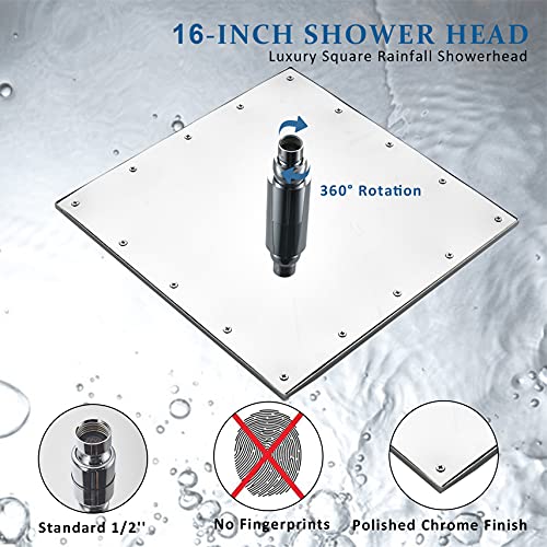 NeierThodore Polished Chrome Large 16 Inch LED Shower Head Solid Square Rainfall with Rubber Nozzles, 3 Settings - color: Chrome, size: 16 Inch