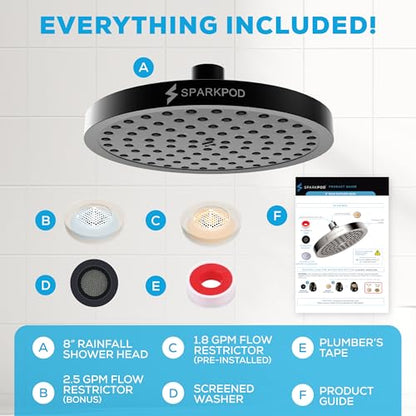SparkPod Rain Shower Head, 8 Inch Round, Midnight Black Matte Finish | High Pressure Shower Heads, 90 Nozzles, Adjustable Showerhead, No Tools Needed, Universal Connection - color: Midnight Black Matte, style: 8 Inch Round