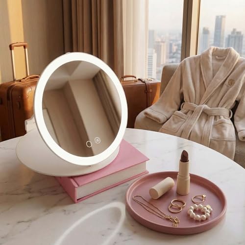 Fancii 10x Travel Magnifying Makeup Mirror with Lights, Rechargeable, Height Adjustable 8" Stand, 3 Dimmable Color Modes, Portable LED Vanity Mirror (Abigail)