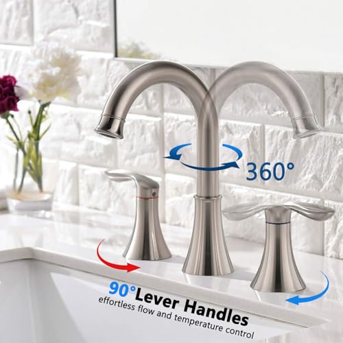 Friho 8 Inch Widespread 3 Hole Bathroom Faucet, Brushed Nickel Lead-Free 2-Handle Vanity Faucet with Swivel Spout, Pop-up Drain & Supply Hoses - color: Brushed Nickel-1