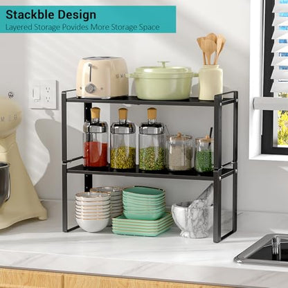2 Pack Expandable Cabinet Organizer Shelves, 88lbs High Weight Capacity, Stackable Heavy-Duty Metal Storage Rack, Adjustable Cabinet Shelf for Kitchen, Pantry, Cupboard, Under Sink, Black - color: Black