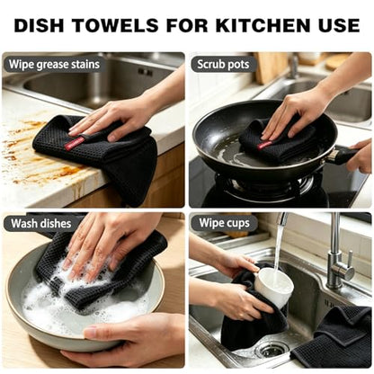 QUILTINA Kitchen Dish Cloths 6 Pack, 12 x 12 Inches, 100% Cotton Waffle Weave Dish Towels, Super Absorbent Quick Drying, Black - color: Black, size: 12 x 12 - 6 Pack