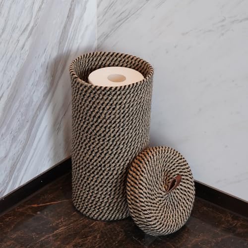Handmade Cotton & Jute Toilet Paper Holder – Woven Toilet Paper Stand & Storage Basket with Lid, Freestanding Organizer for Bathroom, Fits 3 Mega Rolls 14" x 7'' - color: Black