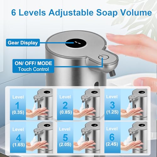 OHIFAST Automatic Foaming Soap Dispenser Touchless, USB Rechargeable Smart Hand Soap Dispenser, 6-Level Adjustable, 12.8oz/380mL Wall Mounted for Bathroom Kitchen Dish Soap-Silver - color: Silver, style: Foam