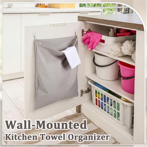 Tingjoo 2 Pack Reusable Dirty Rag Storage Bag Grey Cotton Dish Towel Cloth Bag with Hooks Hanging Kitchen Dish Rag Holder for Cabinet Door Organizer and Kitchen Laundry Room Bathroom Storage