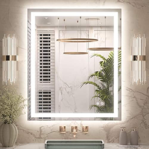 Keonjinn 30x36 Inch LED Bathroom Mirror with Lights, 3-Color Temperature | HD Tempered Grass, Frontlit & Backlit & Stepless Dimmable Lighting, Fast & Safe Defogging, Effortless Installation - size: 36"L x 30"W