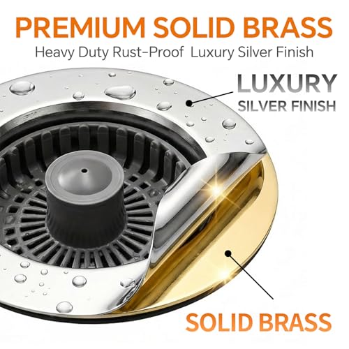 Solid Brass Body 3-in-1 Kitchen Sink Drain Strainer & Stopper, Heavy Duty Pop Up Plug Assembly with 2 Baskets, Anti-Clog Replacement for US Standard 3-1/2 Inch Drains, Rust-Proof Silver - color: Silver