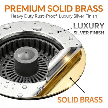 Solid Brass Body 3-in-1 Kitchen Sink Drain Strainer & Stopper, Heavy Duty Pop Up Plug Assembly with 2 Baskets, Anti-Clog Replacement for US Standard 3-1/2 Inch Drains, Rust-Proof Silver - color: Silver