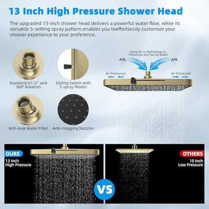 Hibbent 13'' 5-spray Rain Shower Head, 10-Spray Handheld, Brushed Gold | cUPC Certified High Pressure Dual Showerhead Combo, Upgraded Rainfall Shower Head, 12'' Extension Arm, 71'' Hose & Holder - color: Brushed Gold, style: Square 13''